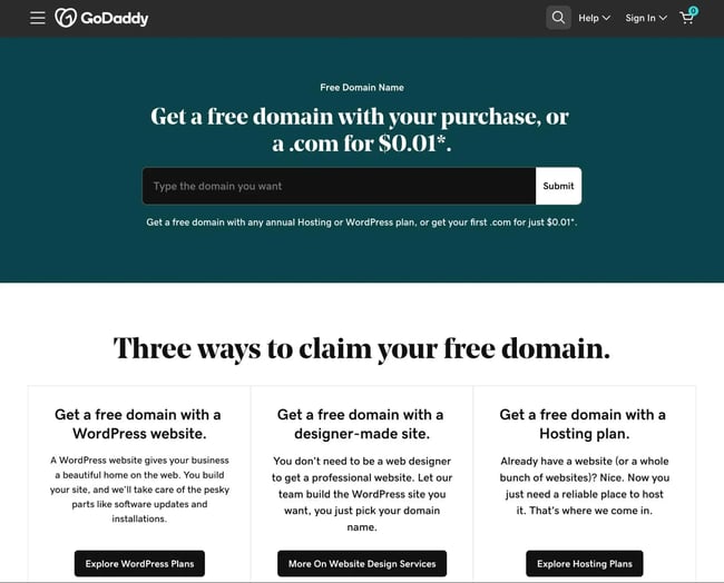 godaddy offers a free custom domain name if you purchase hosting